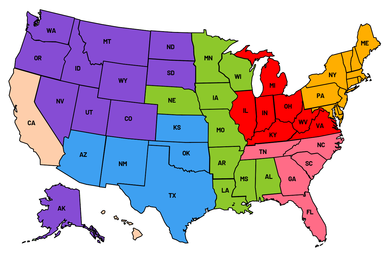 Interlift U.S. sales territory map showing regional sales manager assignments by state.