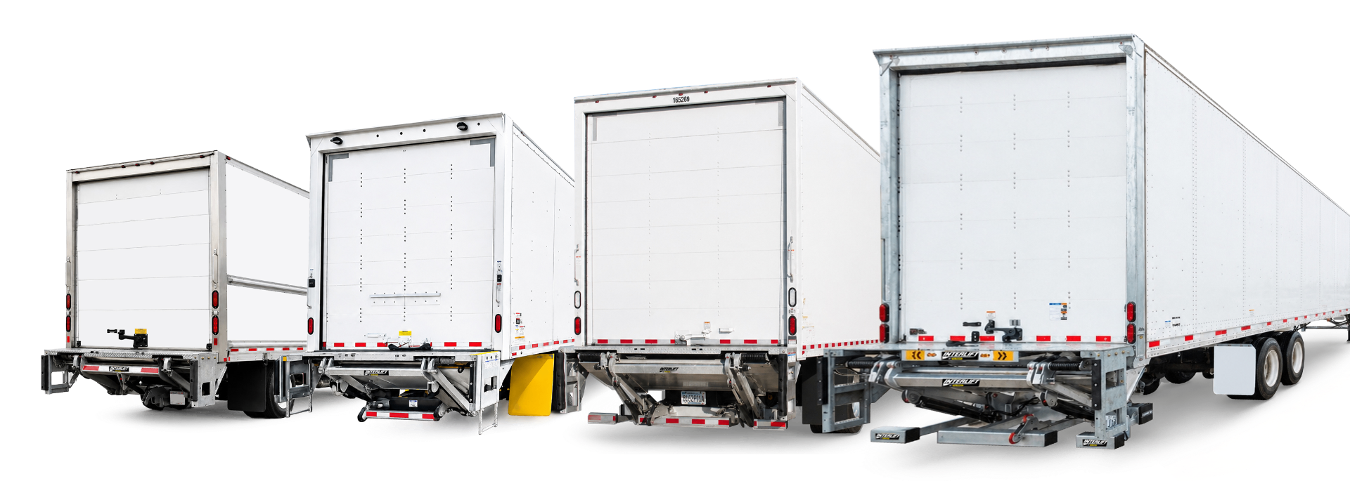 Lineup of Interlift liftgates installed on box trucks and trailers